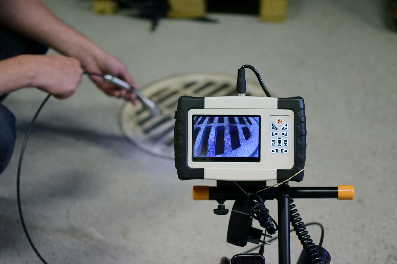 A video camera recording someone using the floor drain.