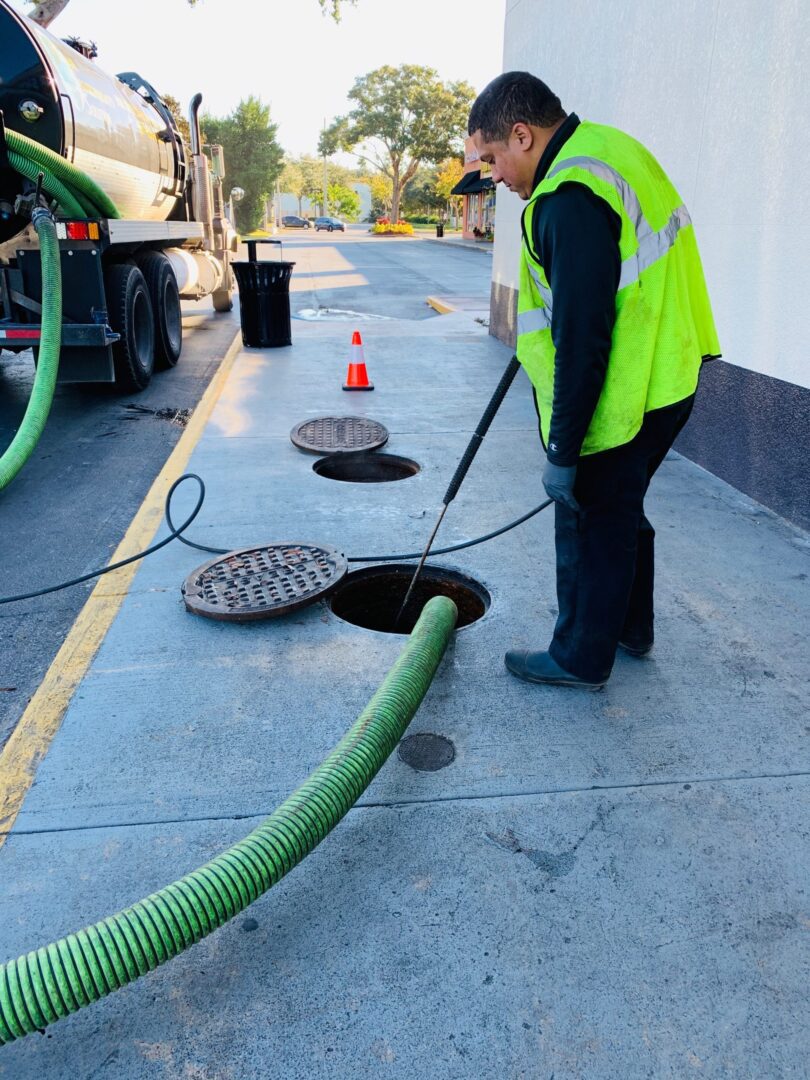 A man in yellow vest holding hose connected to manhole.